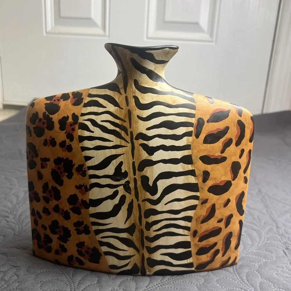 Medium Art Pottery Animal Print Flat Sided Rectangular Bud Vase Gift Home Decor
